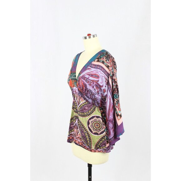 ALICE & TRIXIE Multi Color Scarf Print Silk Satin V-Neck Wrap Blouse, Size M - Picture 5 of 14